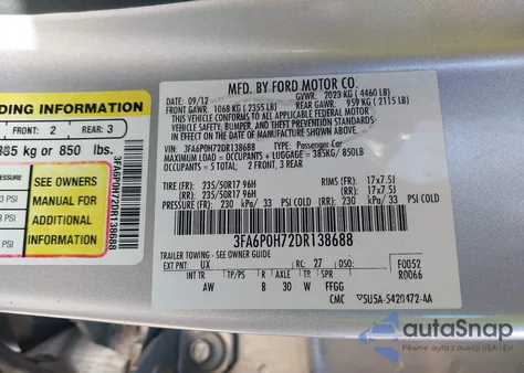 2013 Ford Fusion Se z USA, uszkodzony, nr VIN 3FA6P0H72DR138688